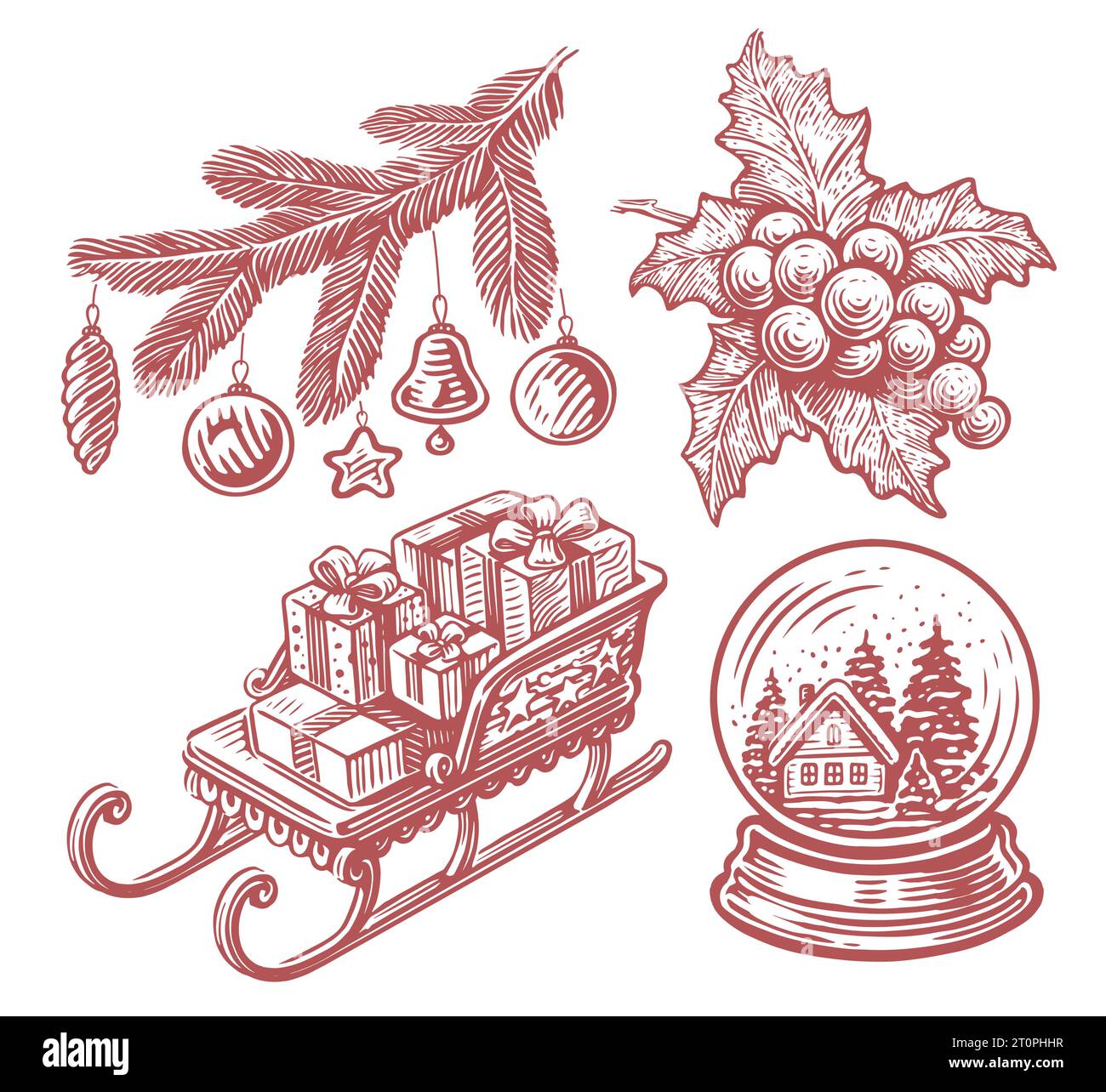 Traîneau du Père Noël avec des cadeaux. Branche de sapin avec décorations de Noël. Boule de verre avec de la neige. Illustration vectorielle Holly Illustration de Vecteur