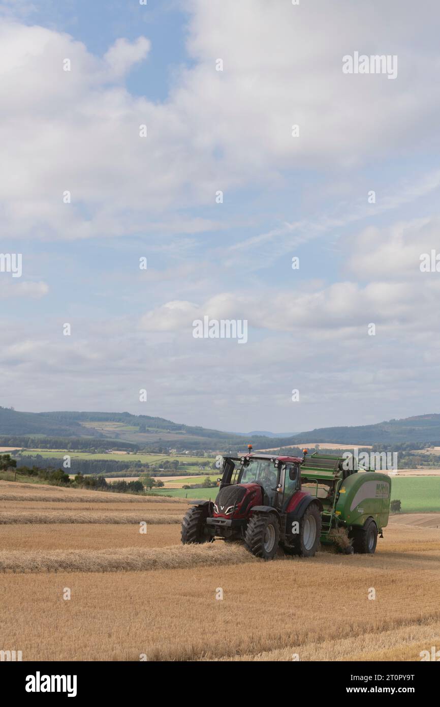 Mise en balles de paille d'orge avec un tracteur Valtra et une presse McHale sur des terres agricoles dans l'Aberdeenshire Banque D'Images