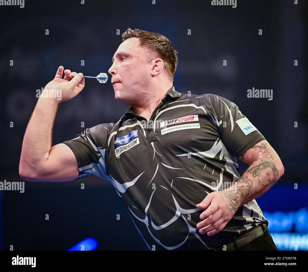 Morningside Arena, Leicester, Royaume-Uni. 8 octobre 2023. Finale des fléchettes du Grand Prix mondial BoyleSports 2023 de PDC ; Gerwyn Price Credit : action plus Sports/Alamy Live News Banque D'Images