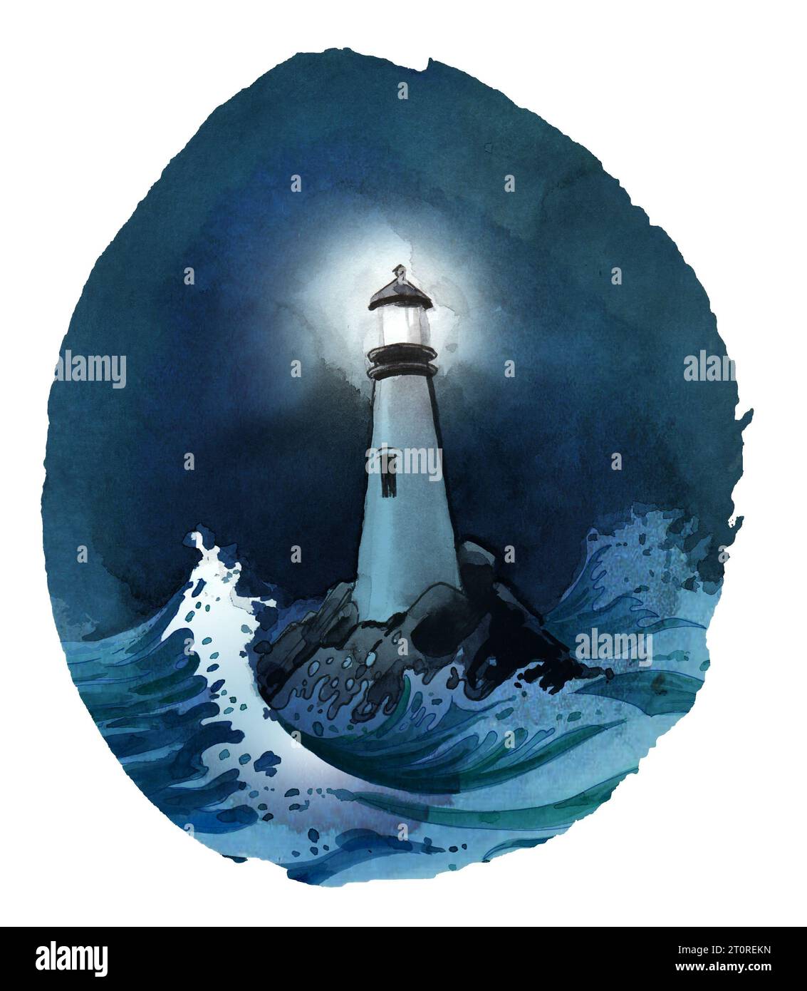 Phare dans la mer orageuse. Croquis à l'encre et à l'aquarelle dessinés à la main Banque D'Images