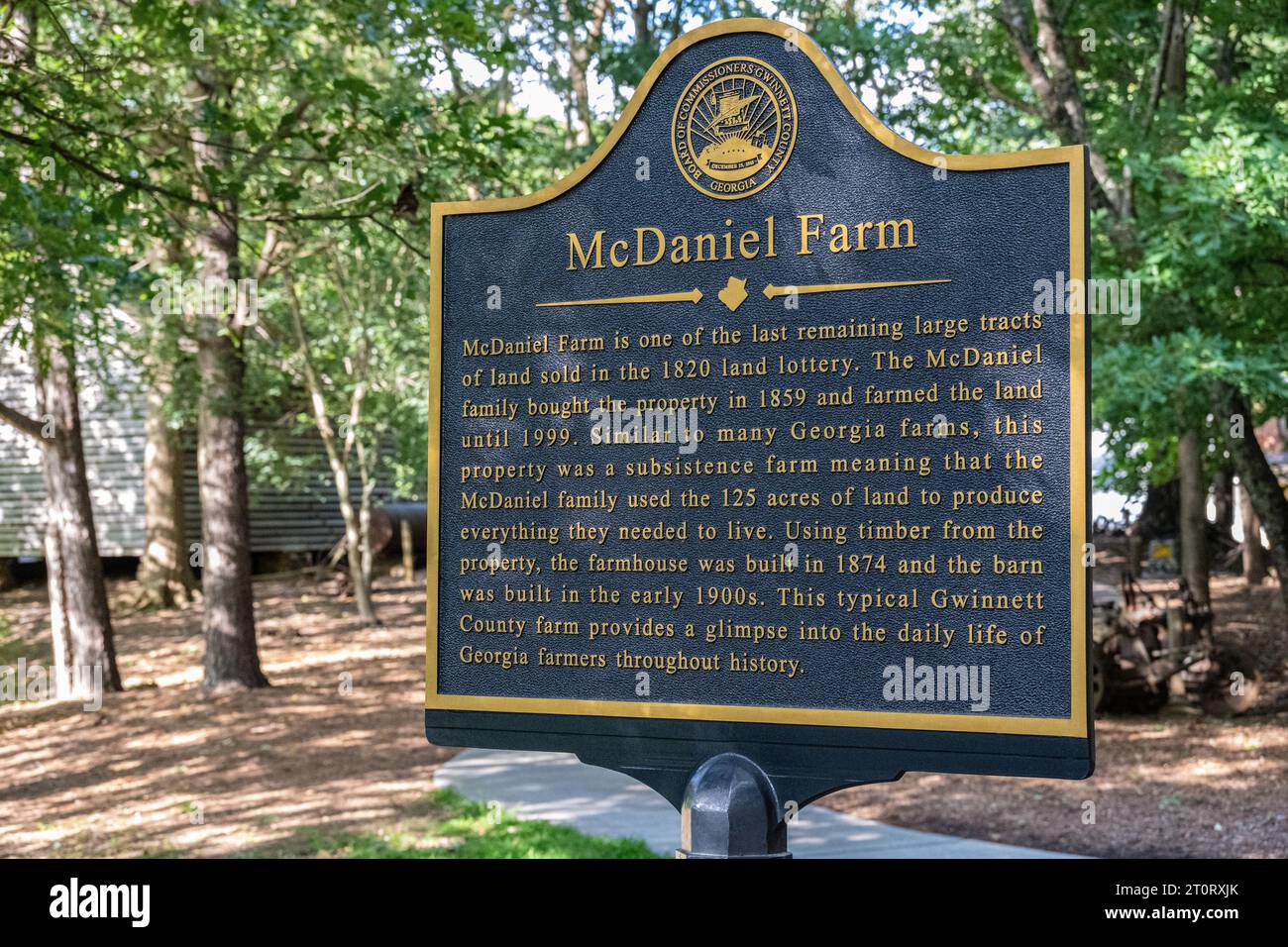 Marqueur historique du parc McDaniel Farm, un parc du comté de Gwinnett, à Duluth, en Géorgie. (ÉTATS-UNIS) Banque D'Images