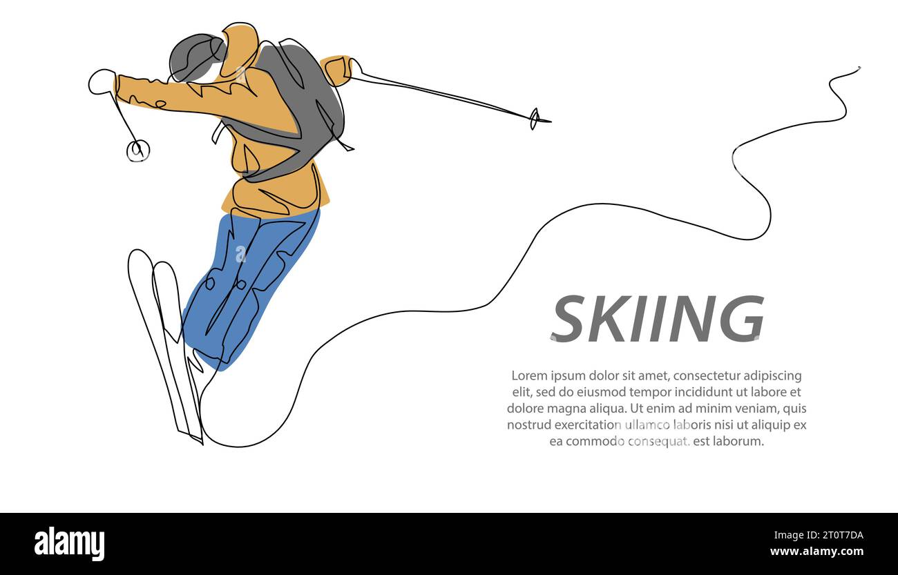 Fond vectoriel de sauts de skieur, bannière, affiche. Tours de ski, freestyle, freeride. Une illustration de dessin d'art de ligne continue de tricks de ski, hiver Illustration de Vecteur
