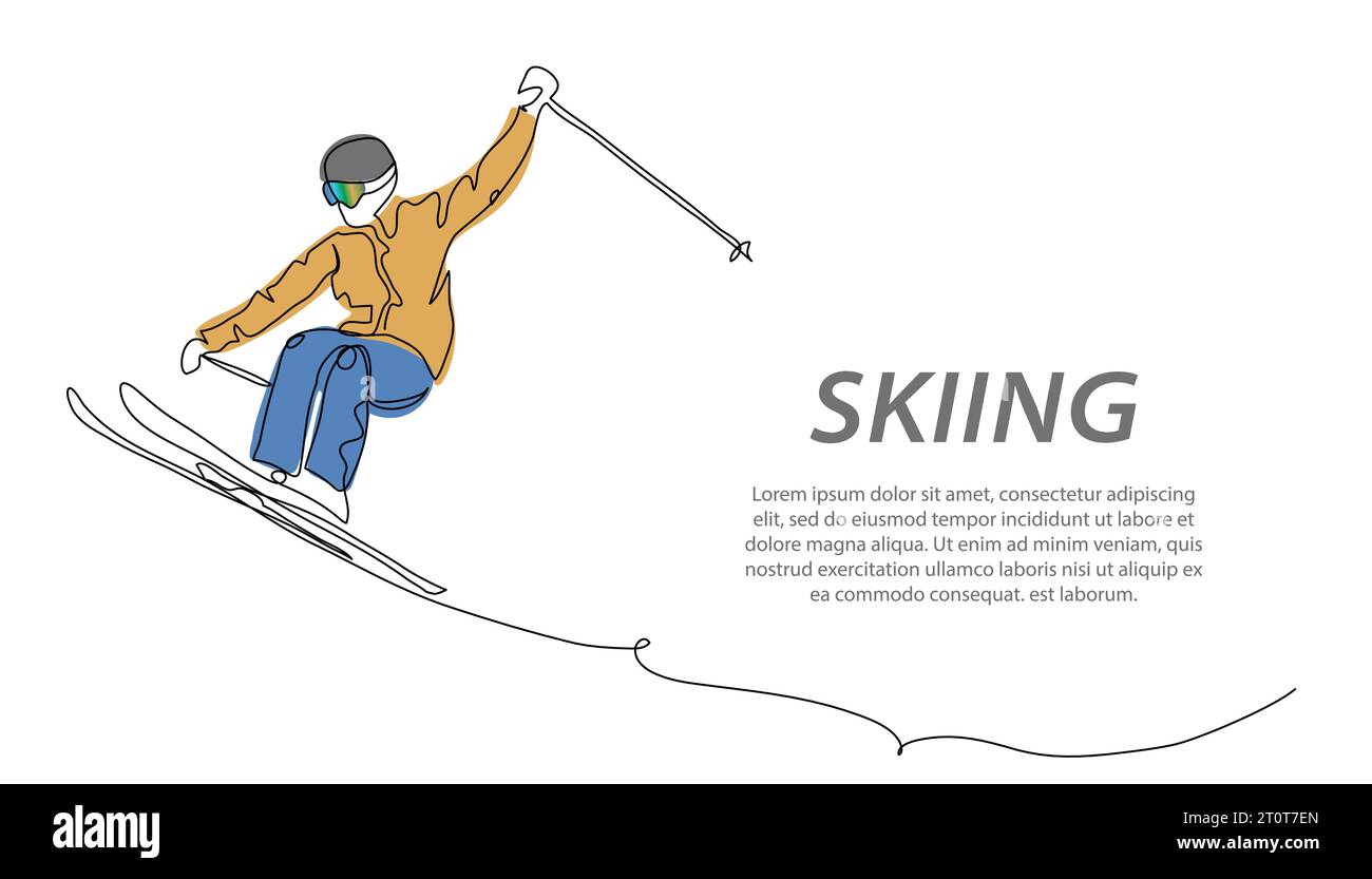 Fond de vecteur de saut de skieur, bannière, affiche. Tours de ski, freestyle, freeride. Une illustration de dessin d'art de ligne continue de saut de skieur Illustration de Vecteur