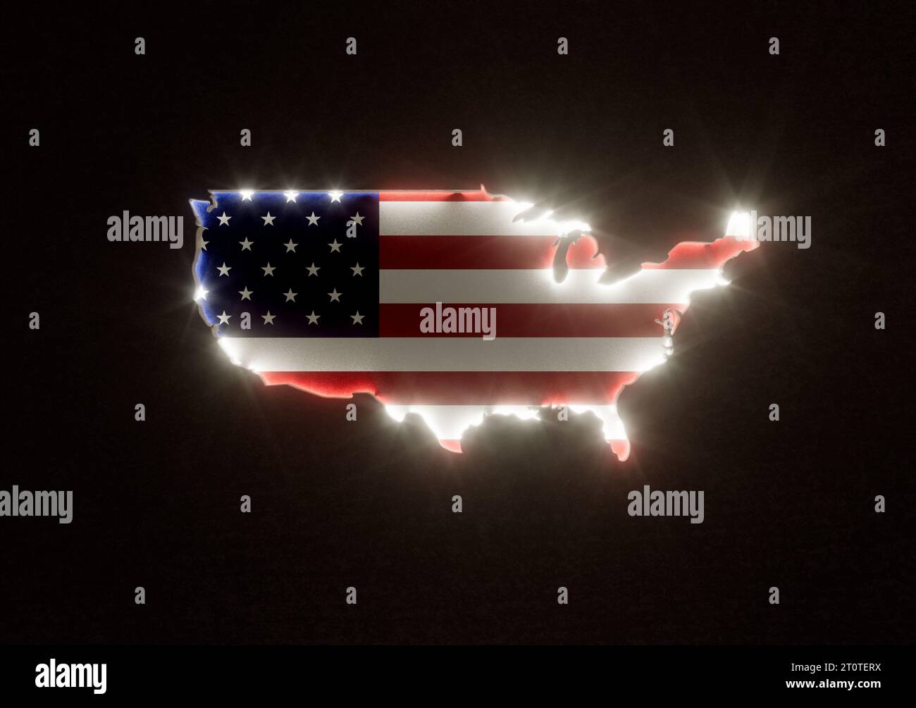 La forme du pays des USA dans la jante éclairée aux couleurs de son drapeau national encastré dans une surface sombre - rendu 3D. Banque D'Images