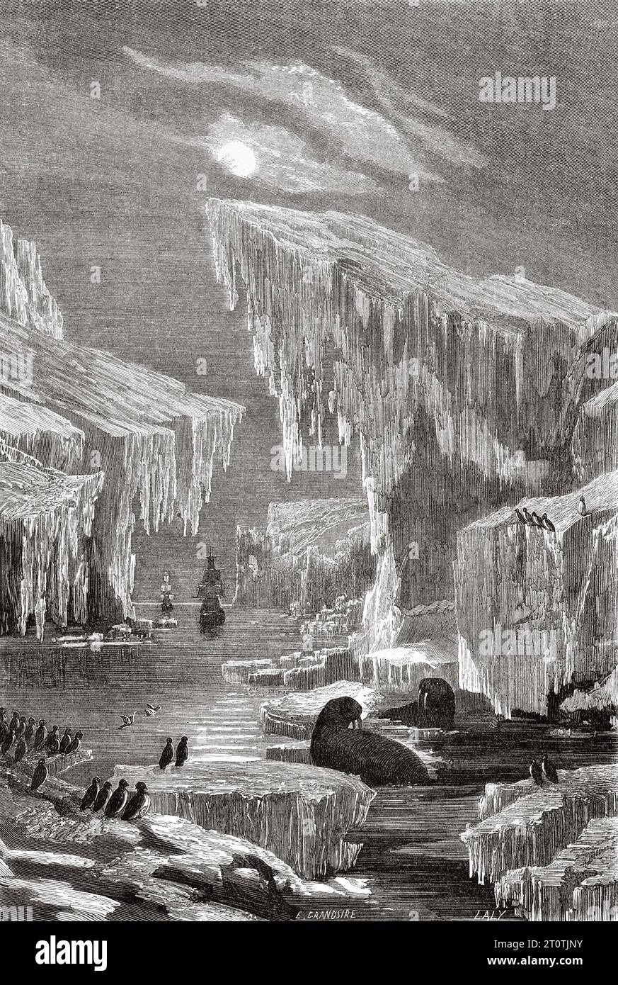 HMS Erebus et HMS Terror au milieu des glaces. Histoire de l'expédition perdue de Franklin dans l'Arctique (1786-1847) gravure ancienne du 19e siècle du Tour du monde 1860 Banque D'Images