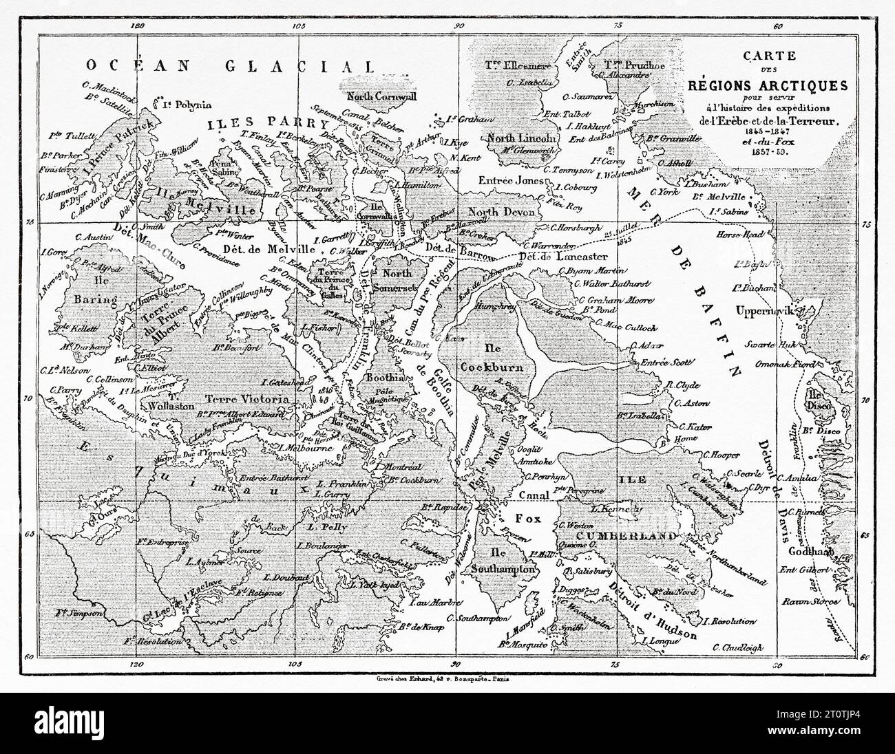 Carte des régions arctiques qui servira à l'histoire des expéditions du HMS Erebus et du HMS Terror 1845-1847 et du Fox 1857 1859. Histoire de l'expédition perdue de Franklin dans l'Arctique (1786-1847) gravure ancienne du 19e siècle du Tour du monde 1860 Banque D'Images