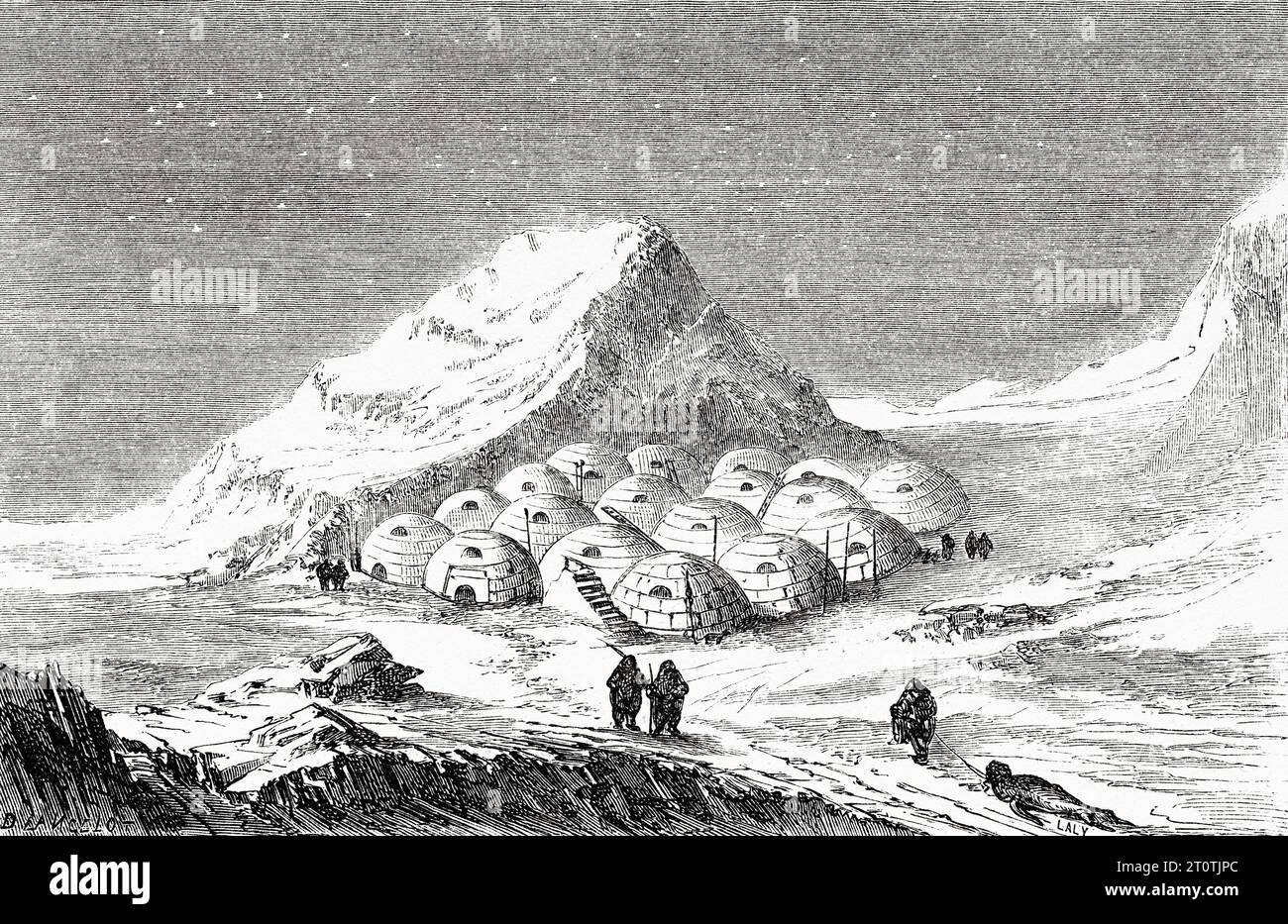 Village igloo, maison d'hiver des Inuits. Histoire de l'expédition perdue de Franklin dans l'Arctique (1786-1847) gravure ancienne du 19e siècle du Tour du monde 1860 Banque D'Images