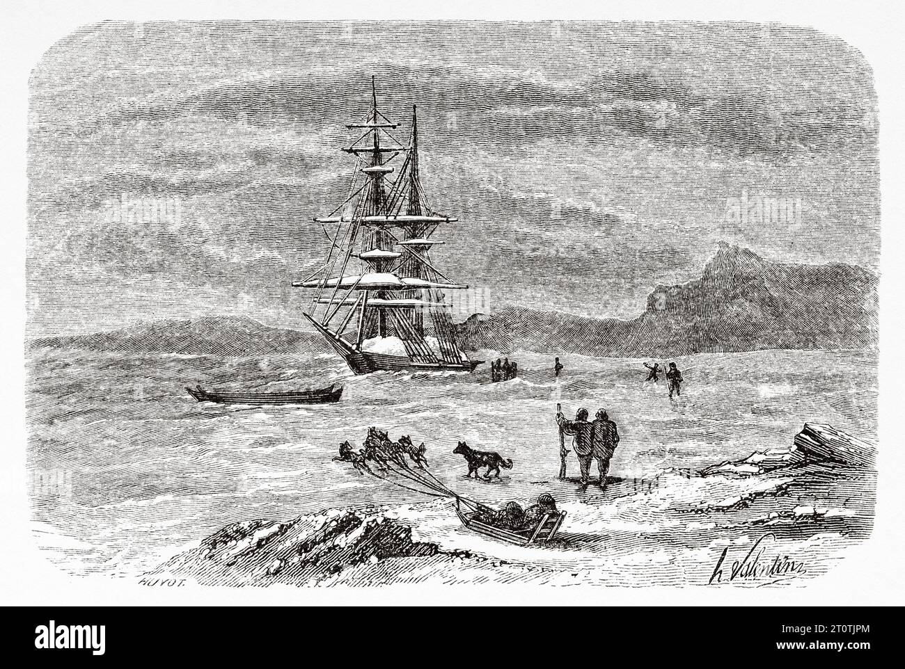 La goélette à vapeur Fox sous la direction de Leopold McClintock (1786-1847) et des hommes de son expédition dans l'Arctique, dans le détroit de Bellot. Histoire de l'expédition perdue de Franklin dans l'Arctique (1786-1847) gravure ancienne du 19e siècle du Tour du monde 1860 Banque D'Images