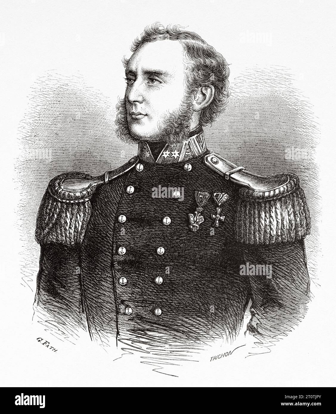 Portrait du capitaine Bernhard Freiherr von Wüllerstorf-Urbair (1816-1883) directeur de l'expédition scientifique de la frégate Novara. Gravure ancienne du 19e siècle du Tour du monde 1860 Banque D'Images