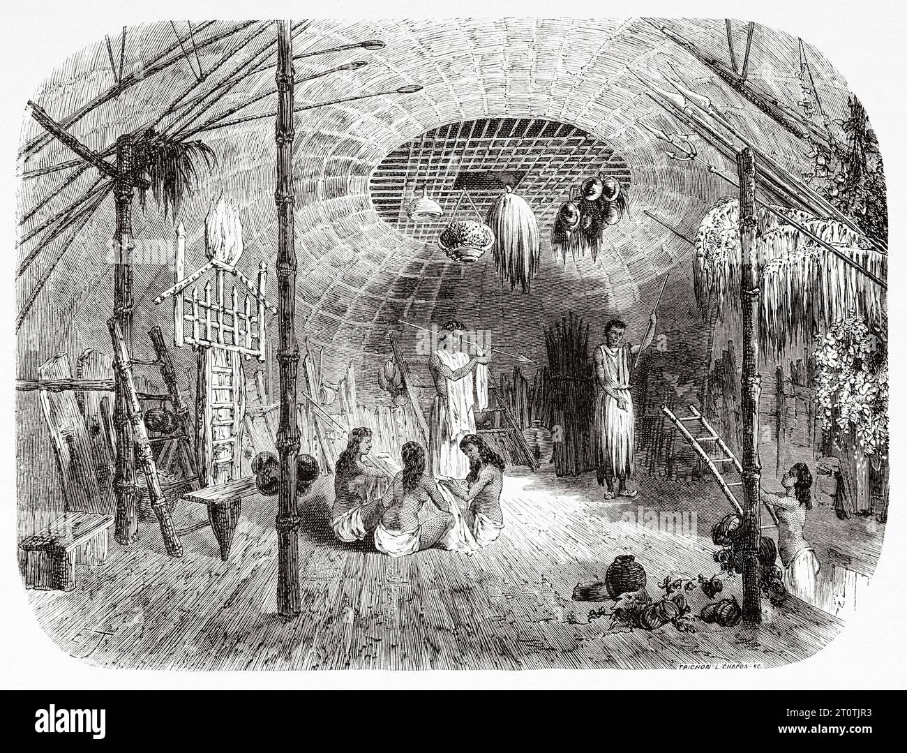 Intérieur d'une cabane traditionnelle dans les îles Andaman et Nicobar, océan Indien. Gravure ancienne du 19e siècle du Tour du monde 1860 Banque D'Images