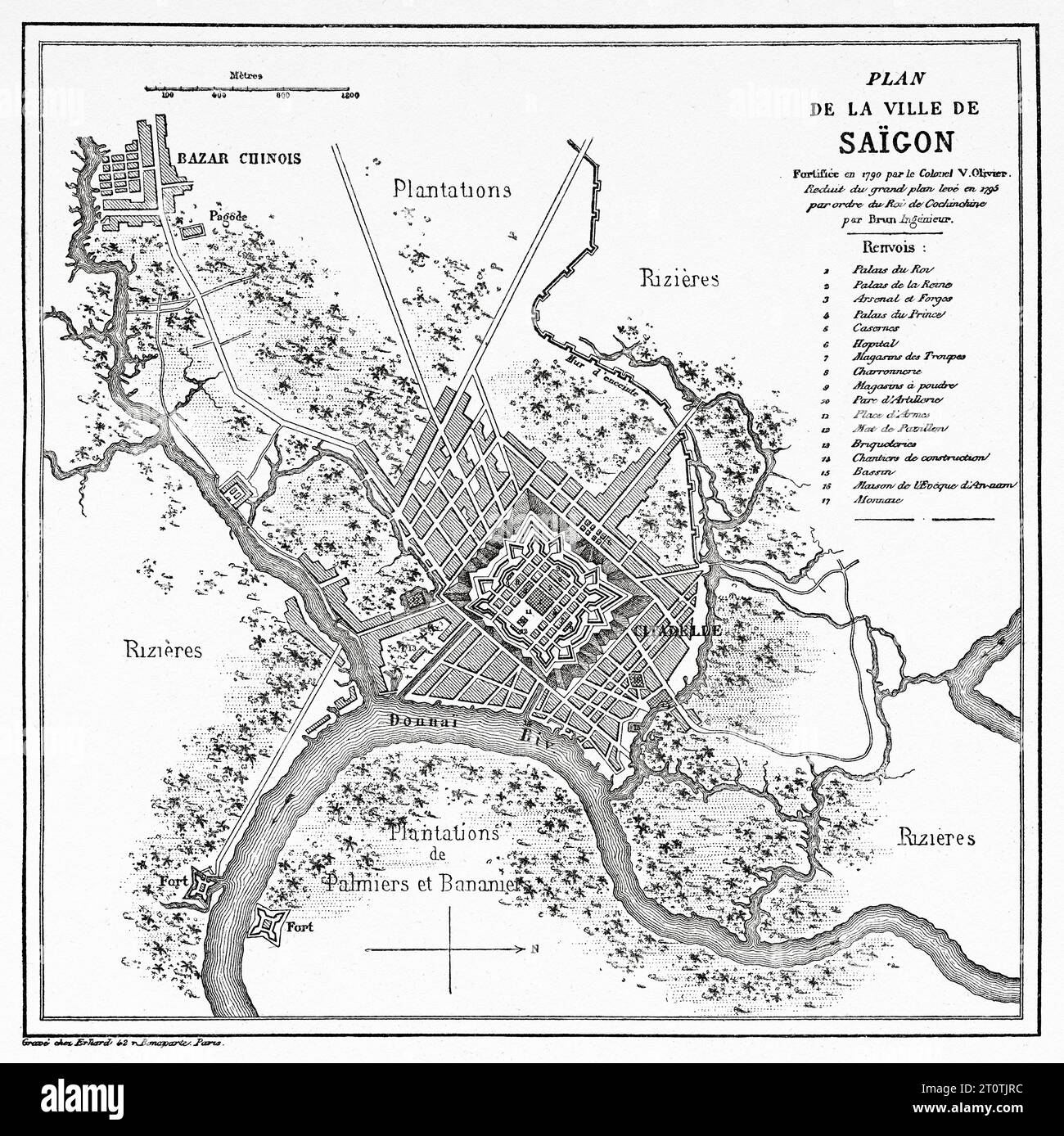 Ancienne carte de la ville de Saigon. Vietnam. Indochine. Gravure ancienne du 19e siècle du Tour du monde 1860 Banque D'Images