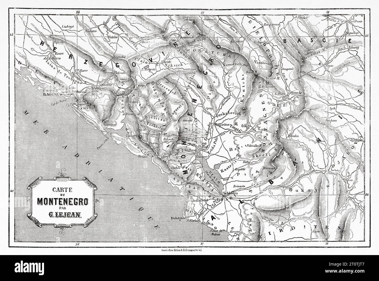 Ancienne carte du Monténégro. Europe. Voyage en Albanie et au Monténégro en 1858 par l'explorateur français Guillaume Lejean. Gravure ancienne du 19e siècle du Tour du monde 1860 Banque D'Images