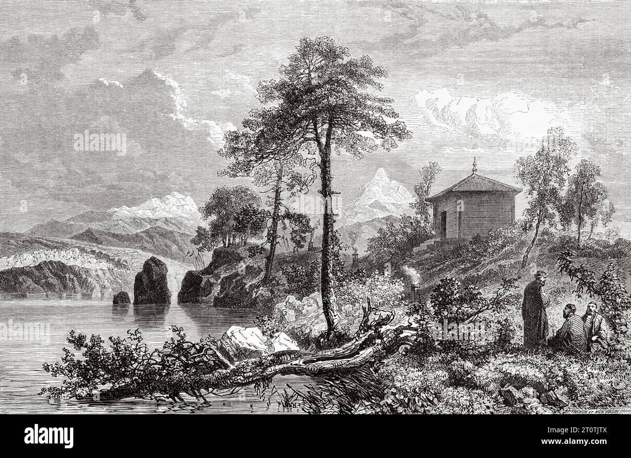 Temple Tungus sur les rives de l'Amour, Asie du Nord-est. Gravure ancienne du 19e siècle du Tour du monde 1860 Banque D'Images