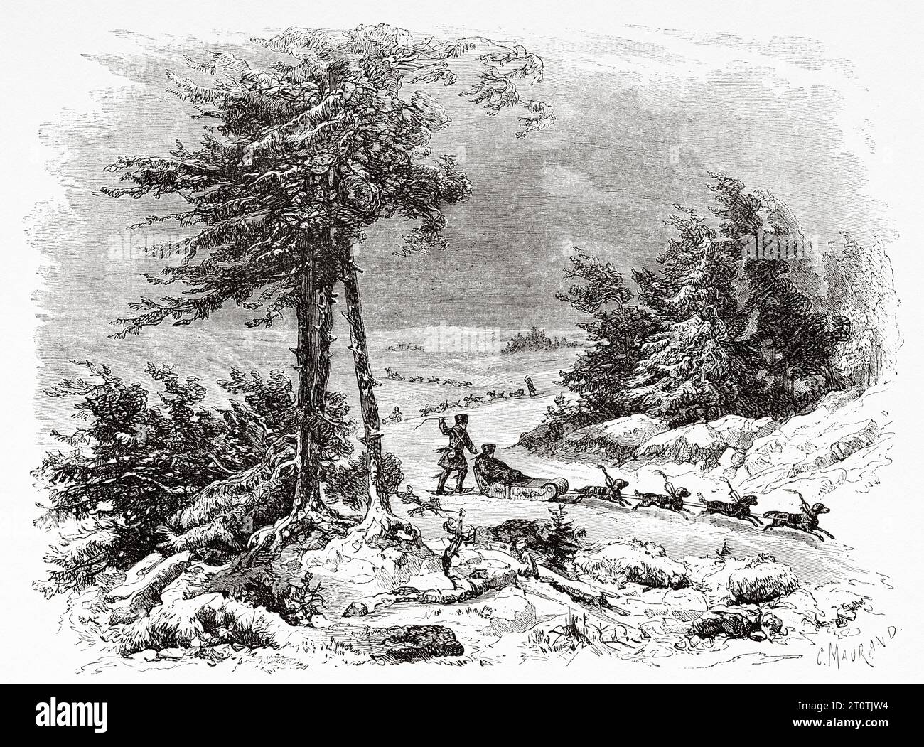 Traîneau à chiens guidé par les Tungus. Russie. Gravure ancienne du 19e siècle du Tour du monde 1860 Banque D'Images