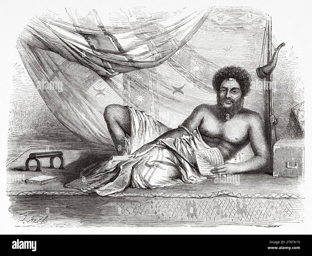 Vieux portrait de Ratu Seru Epenisa Cakobau (1815 - 1883) roi des îles Fidji. Mélanésie, Océanie dans le sud-ouest de l'océan Pacifique. Voyage au Grand Viti, grand océan équinocial par John Denis Macdonald 1855. Gravure ancienne du 19e siècle du Tour du monde 1860 Banque D'Images