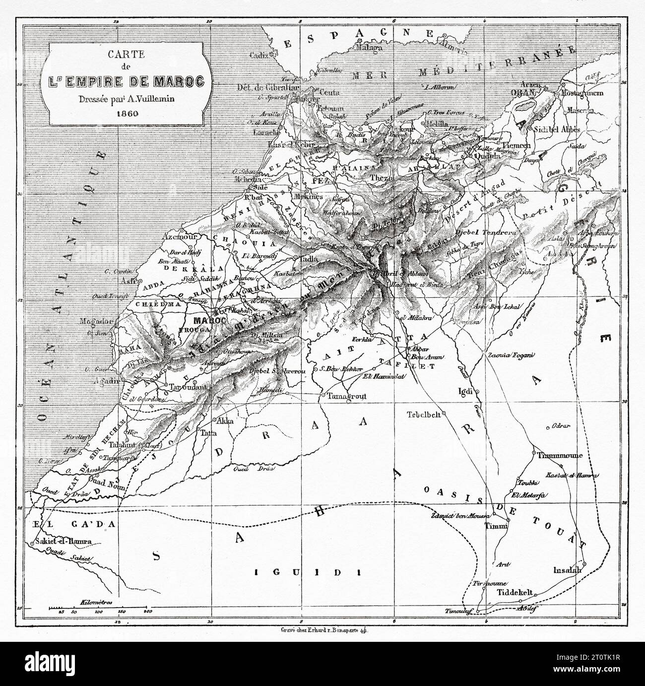 Carte géographique de l'empire du Maroc en 1860. Afrique. Voyages au Maroc. Gravure ancienne du 19e siècle du Tour du monde 1860 Banque D'Images