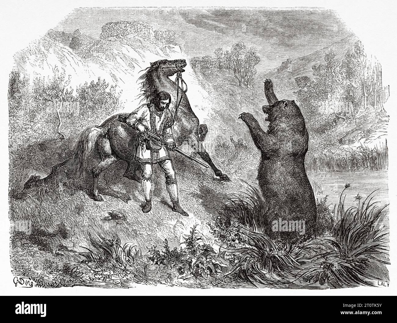 Scène de chasse à l'ours, USA. Exploration des montagnes Rocheuses en 1857-1859 par le capitaine John Palliser. Gravure ancienne du 19e siècle du Tour du monde 1860 Banque D'Images