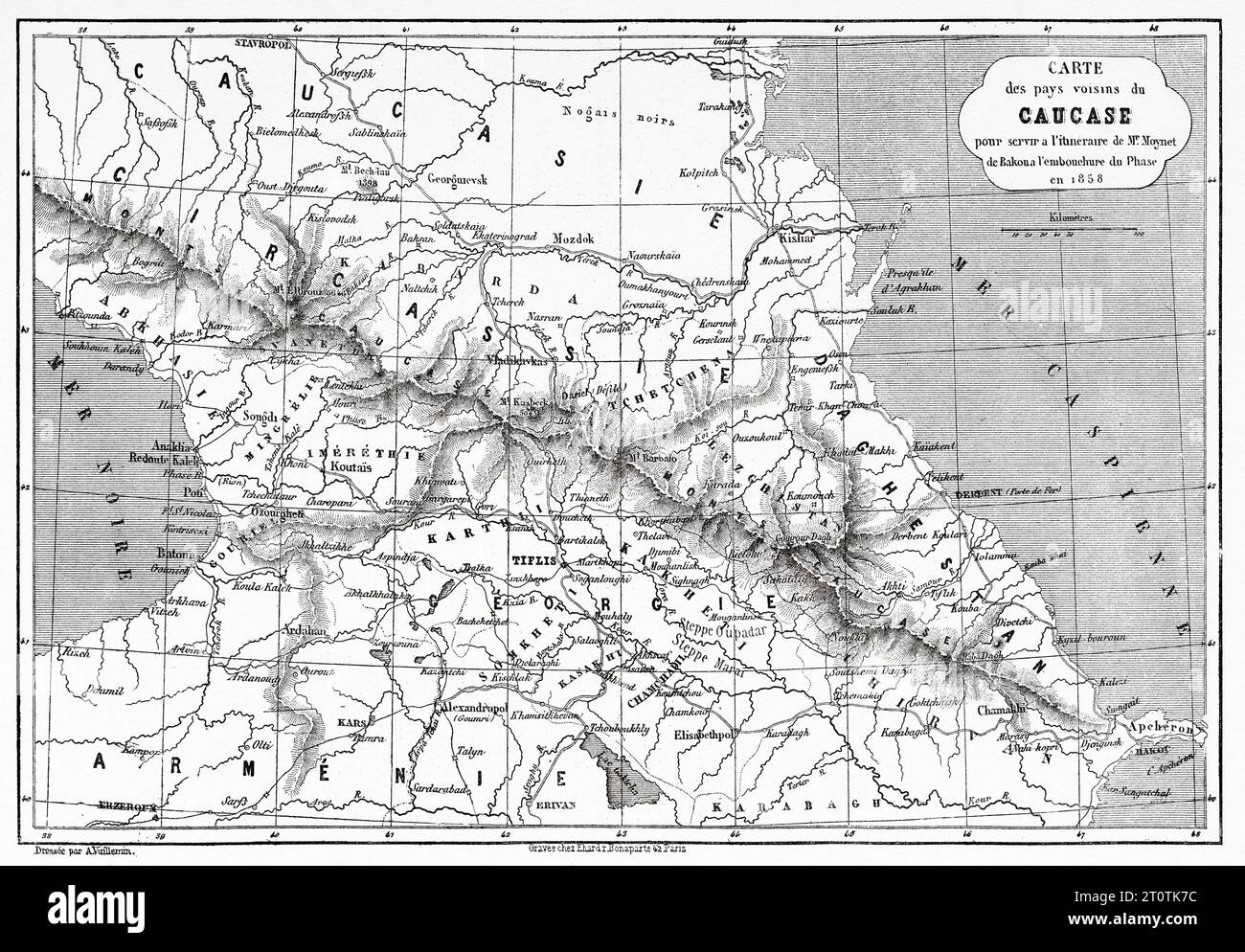 Ancienne carte du Caucase pour desservir la route de Moynet de Bakou à l'embouchure de la rivière Phasis 1858. Azerbaïdjan. Voyage vers la mer Noire et la mer Caspienne en 1858 par Moynet. Gravure ancienne du 19e siècle du Tour du monde 1860 Banque D'Images Ancienne carte du Caucase pour desservir la route de Moynet de Bakou à l'embouchure de la rivière Phasis 1858. Azerbaïdjan. Voyage vers la mer Noire et la mer Caspienne en 1858 par Moynet. Gravure ancienne du 19e siècle du Tour du monde 1860 Banque D'Images
