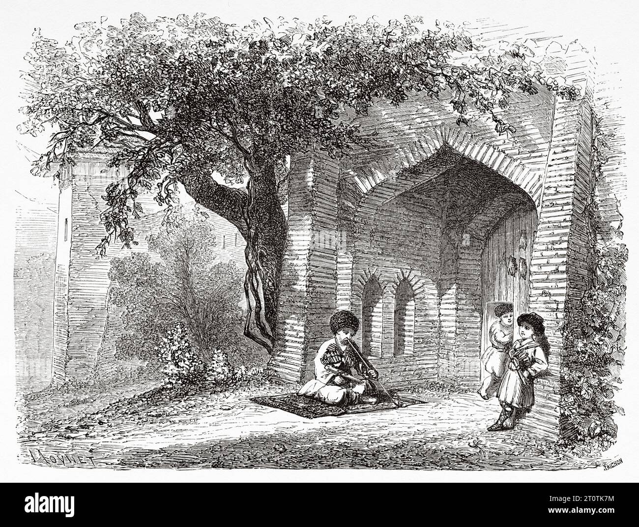 Entrée de la maison Lezgian, Azerbaïdjan. Voyage vers la mer Noire et la mer Caspienne en 1858 par Moynet. Gravure ancienne du 19e siècle du Tour du monde 1860 Banque D'Images