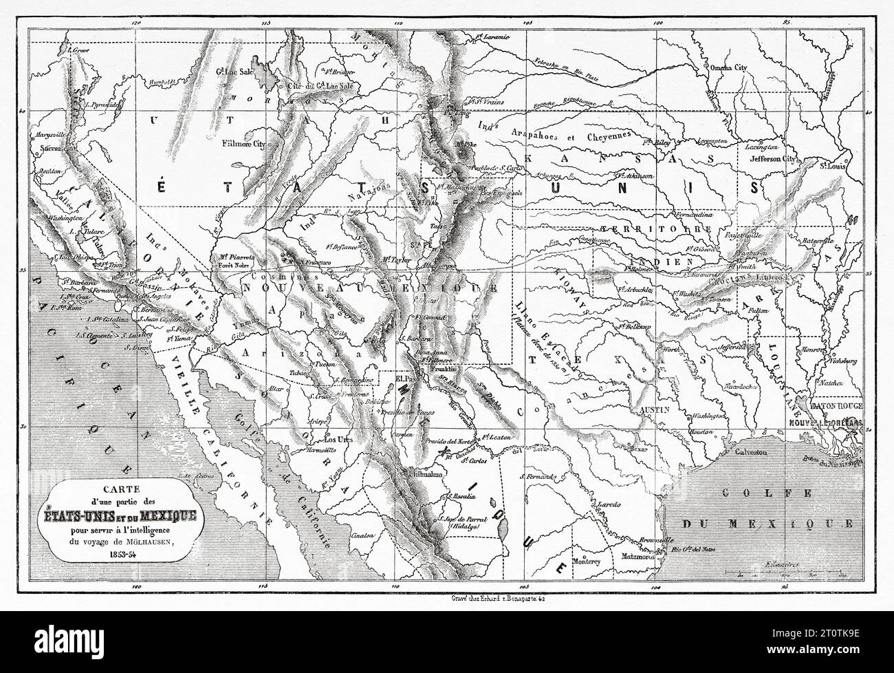 Ancienne carte d'une partie des États-Unis d'Amérique et du Mexique pour servir de renseignement au voyage de Mulhausen (1853-54) USA. Voyage de Heinrich Balduin Mollhausen du fleuve Mississippi aux rives de l'océan Pacifique 1853-1854. Gravure ancienne du 19e siècle du Tour du monde 1860 Banque D'Images