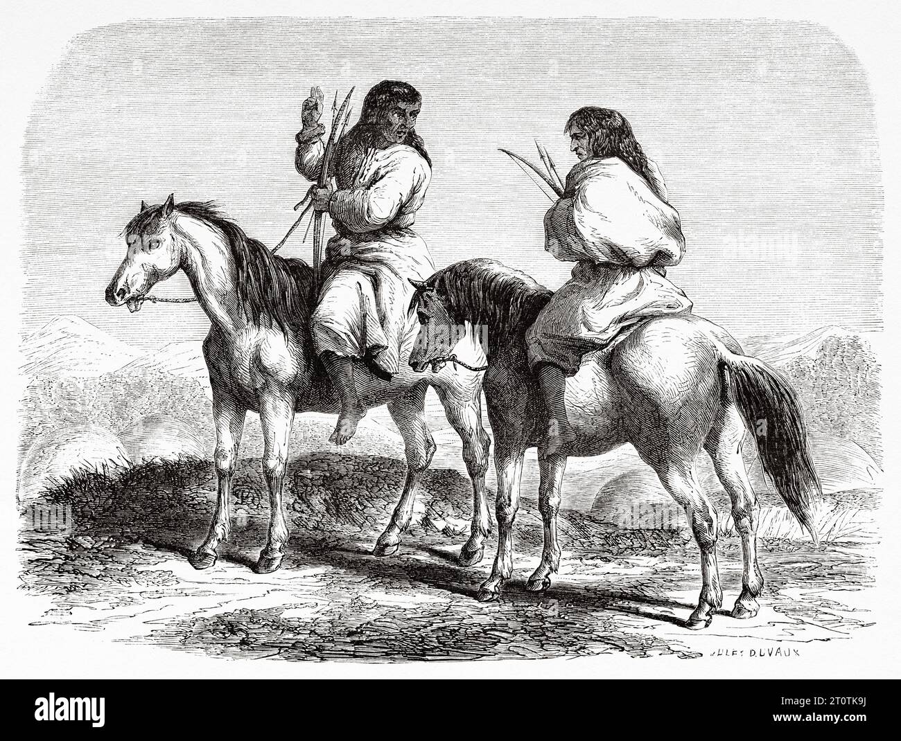 Indiens indigènes Comanches à cheval. ÉTATS-UNIS. Voyage de Heinrich Balduin Mollhausen du fleuve Mississippi aux rives de l'océan Pacifique 1853-1854. Gravure ancienne du 19e siècle du Tour du monde 1860 Banque D'Images