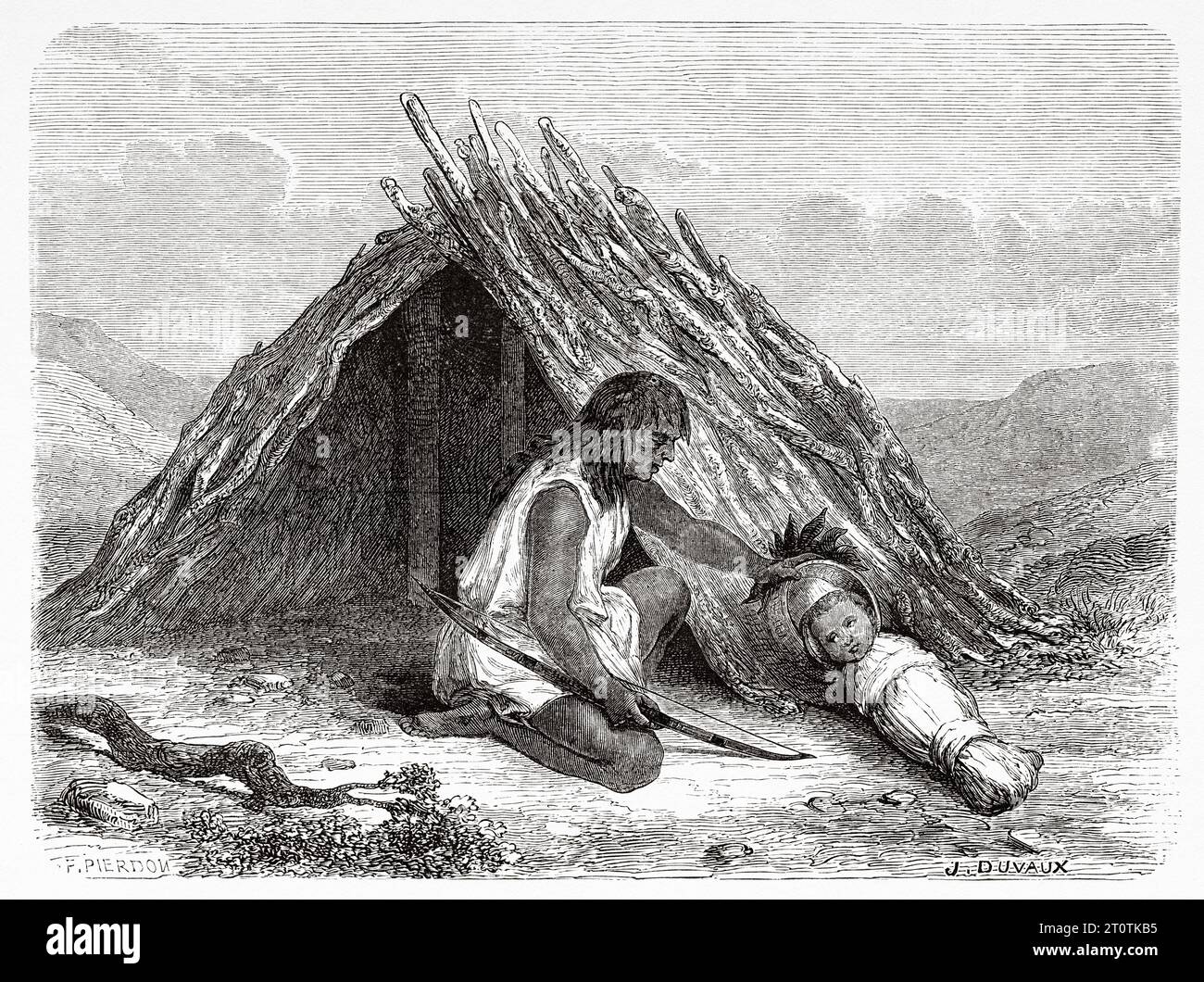 Hutte indigène américaine Chimehwhuebes. ÉTATS-UNIS. Voyage de Heinrich Balduin Mollhausen du fleuve Mississippi aux rives de l'océan Pacifique 1853-1854. Gravure ancienne du 19e siècle du Tour du monde 1860 Banque D'Images