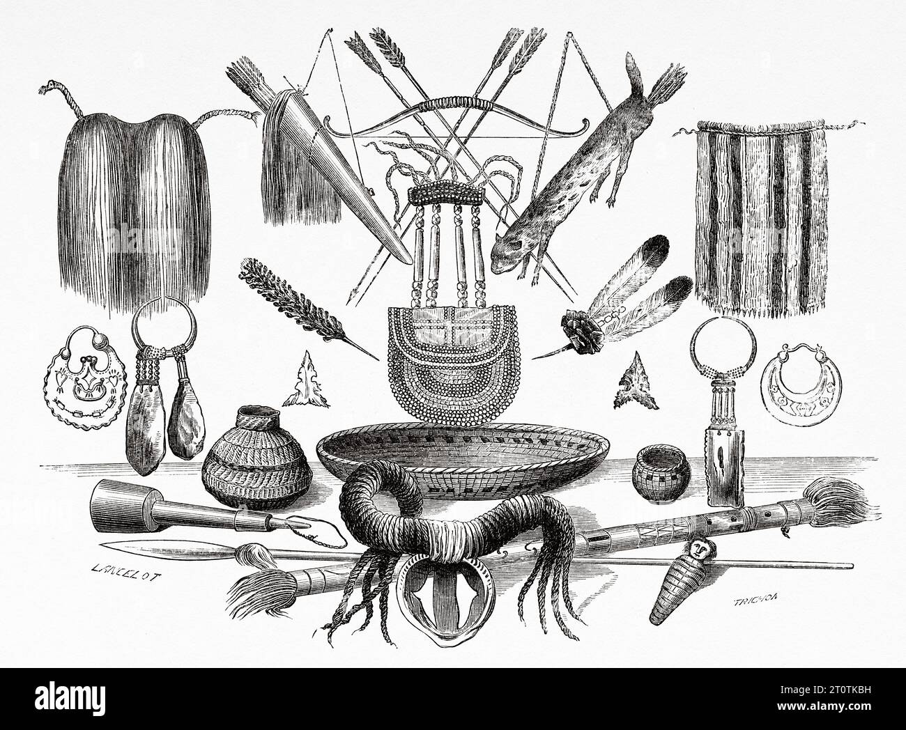 Armes, ornements, ustensiles des Indiens Mohaves, Yampays, Chimehwhuebes. ÉTATS-UNIS. Voyage de Heinrich Balduin Mollhausen du fleuve Mississippi aux rives de l'océan Pacifique 1853-1854. Gravure ancienne du 19e siècle du Tour du monde 1860 Banque D'Images