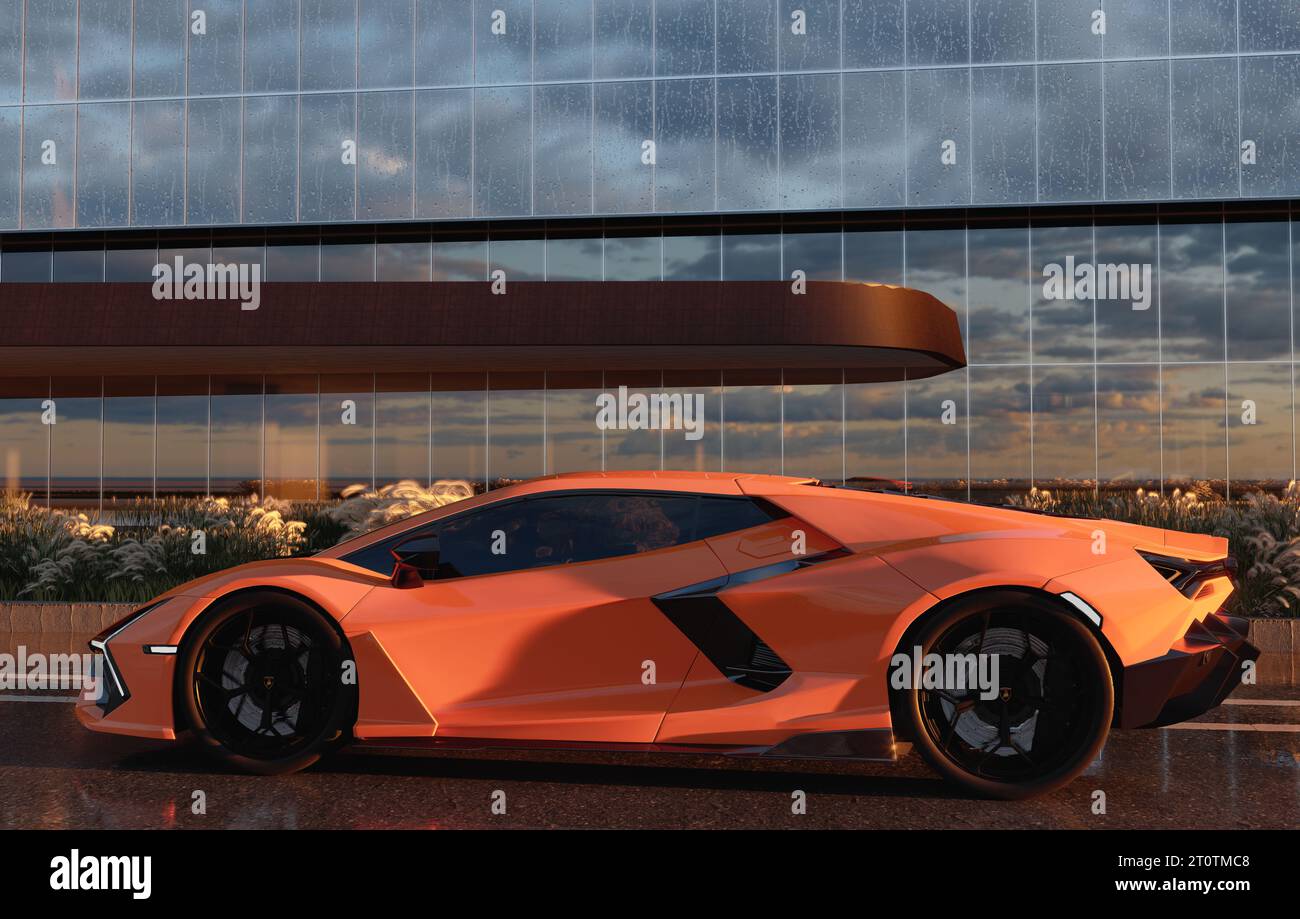 Lamborghini Revuelto contre un immeuble de bureaux moderne dans une belle lumière du soir Banque D'Images