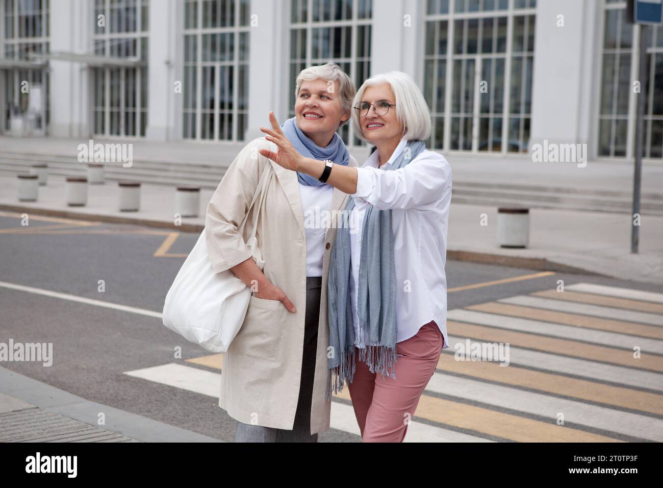 Les femmes âgées avec les cheveux gris dans le paysage urbain, sourient, regardent et pointent au loin. Amis retraités à la mode et élégant appréciant cityscap Banque D'Images