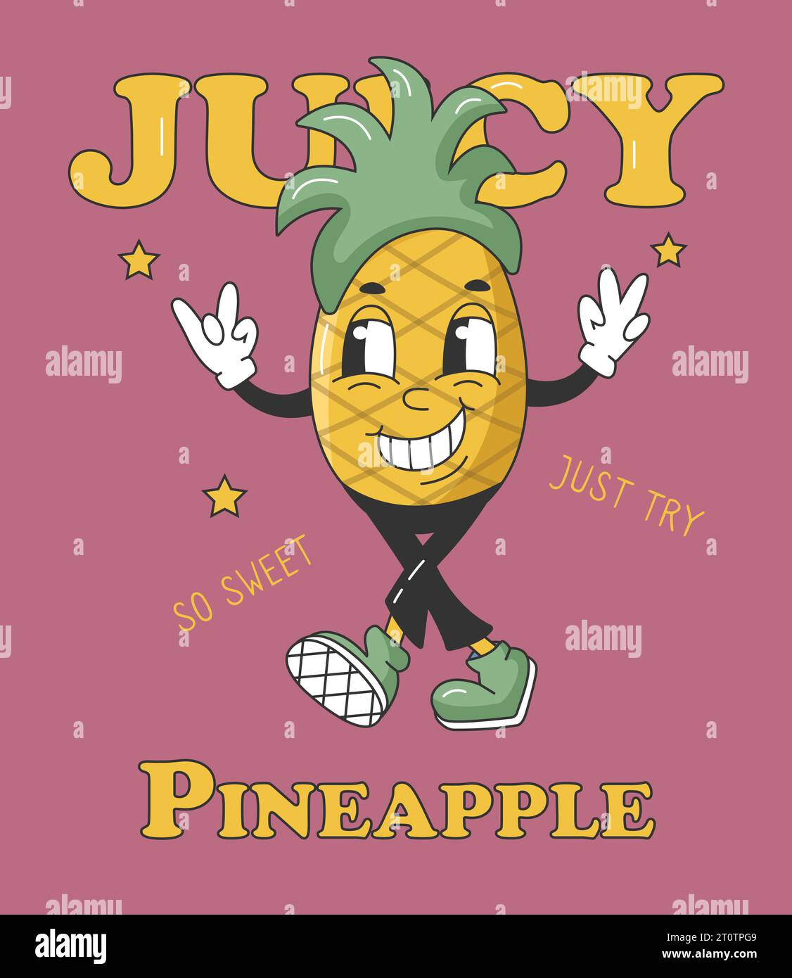 90s fruit Funny Retro Groovy Cartoon personnages. Affiche avec caractère comique de Pineapple. Illustration vectorielle d'été groovy. Fruits frais juteux sucrés Illustration de Vecteur