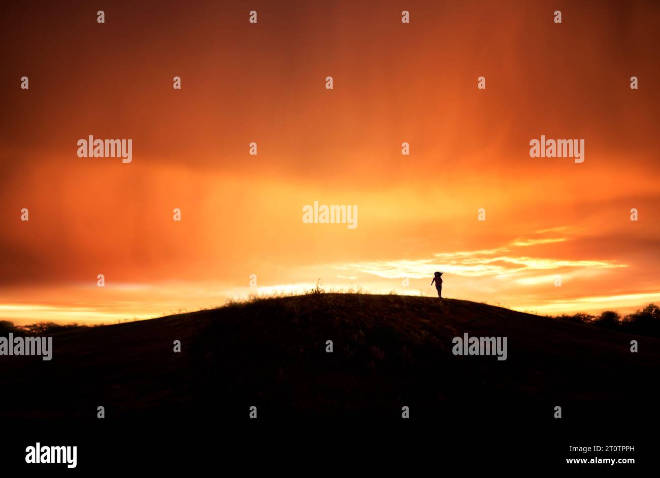 Petite fille courant dans un champ au coucher du soleil Banque D'Images