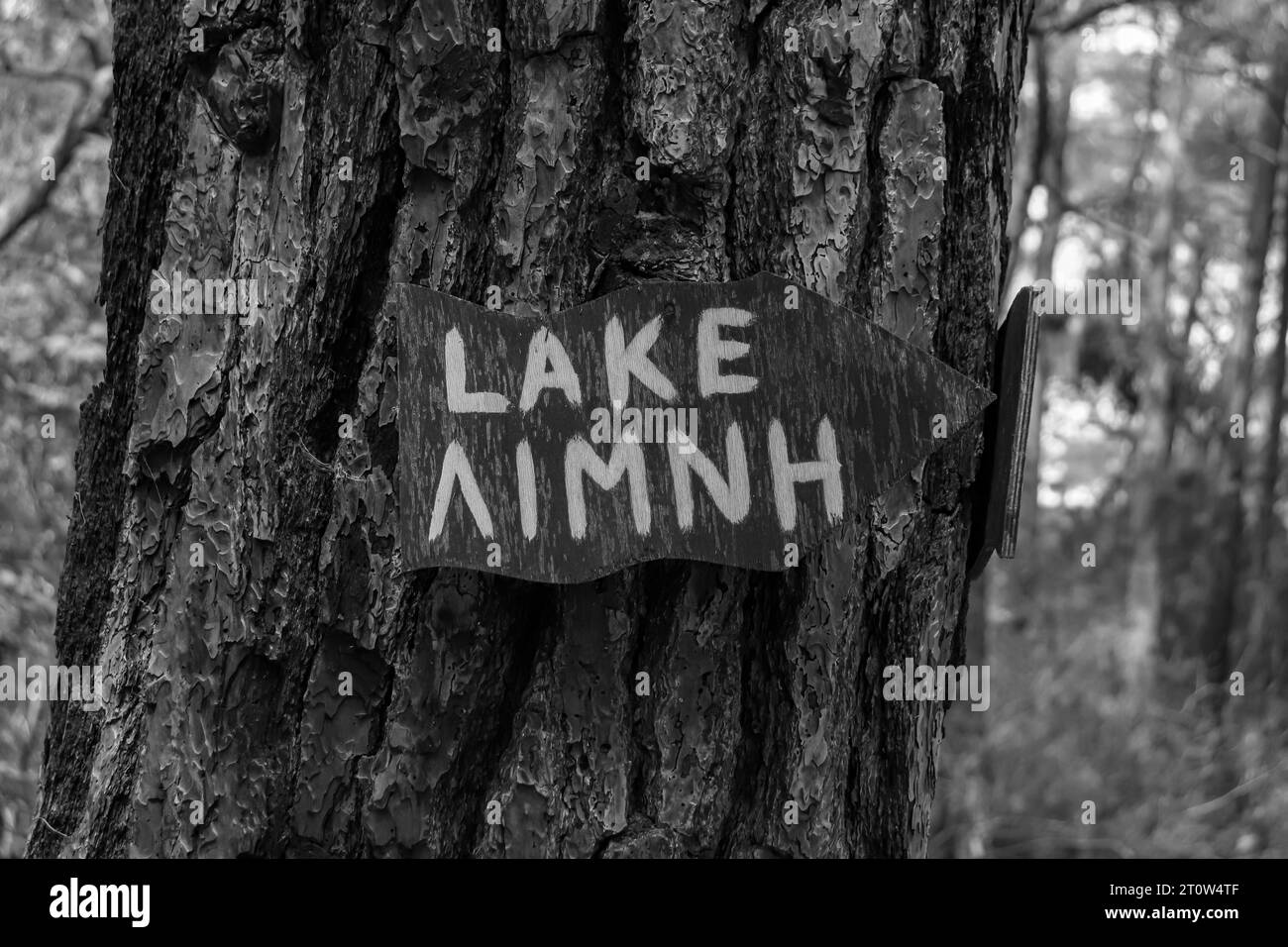 Flèche noire et blanche signe de direction vers le lac à Seven Springs (Epta Piges) célèbre attraction touristique Banque D'Images