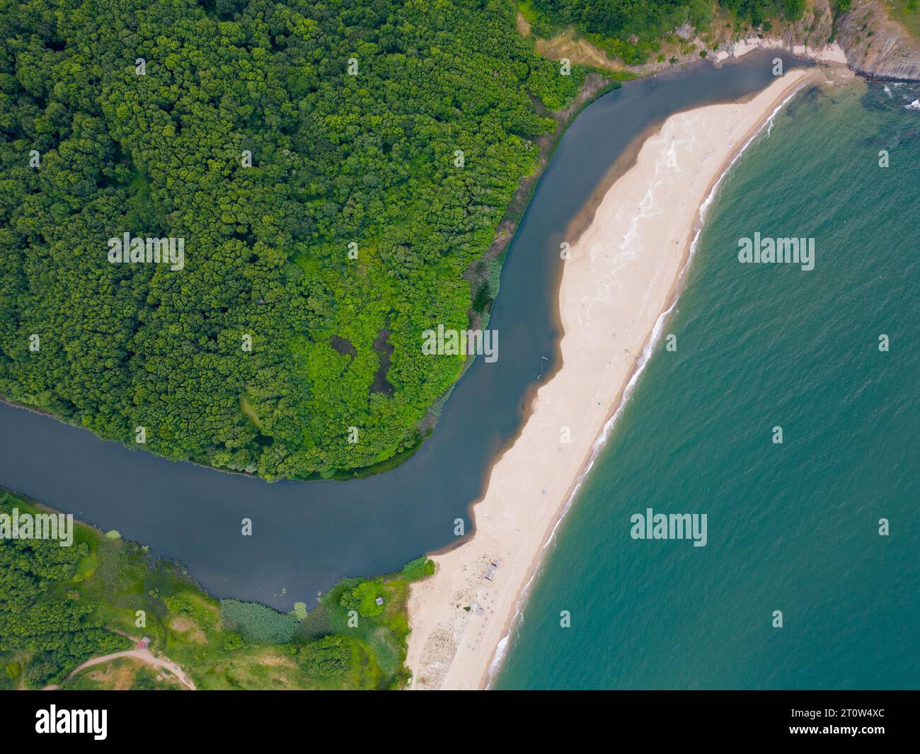 Une vue aérienne de la côte rocheuse de la mer Noire dans le sud de la Bulgarie près de la ville de Sinemorets, mettant en valeur sa beauté sauvage et sa splendeur côtière. Banque D'Images