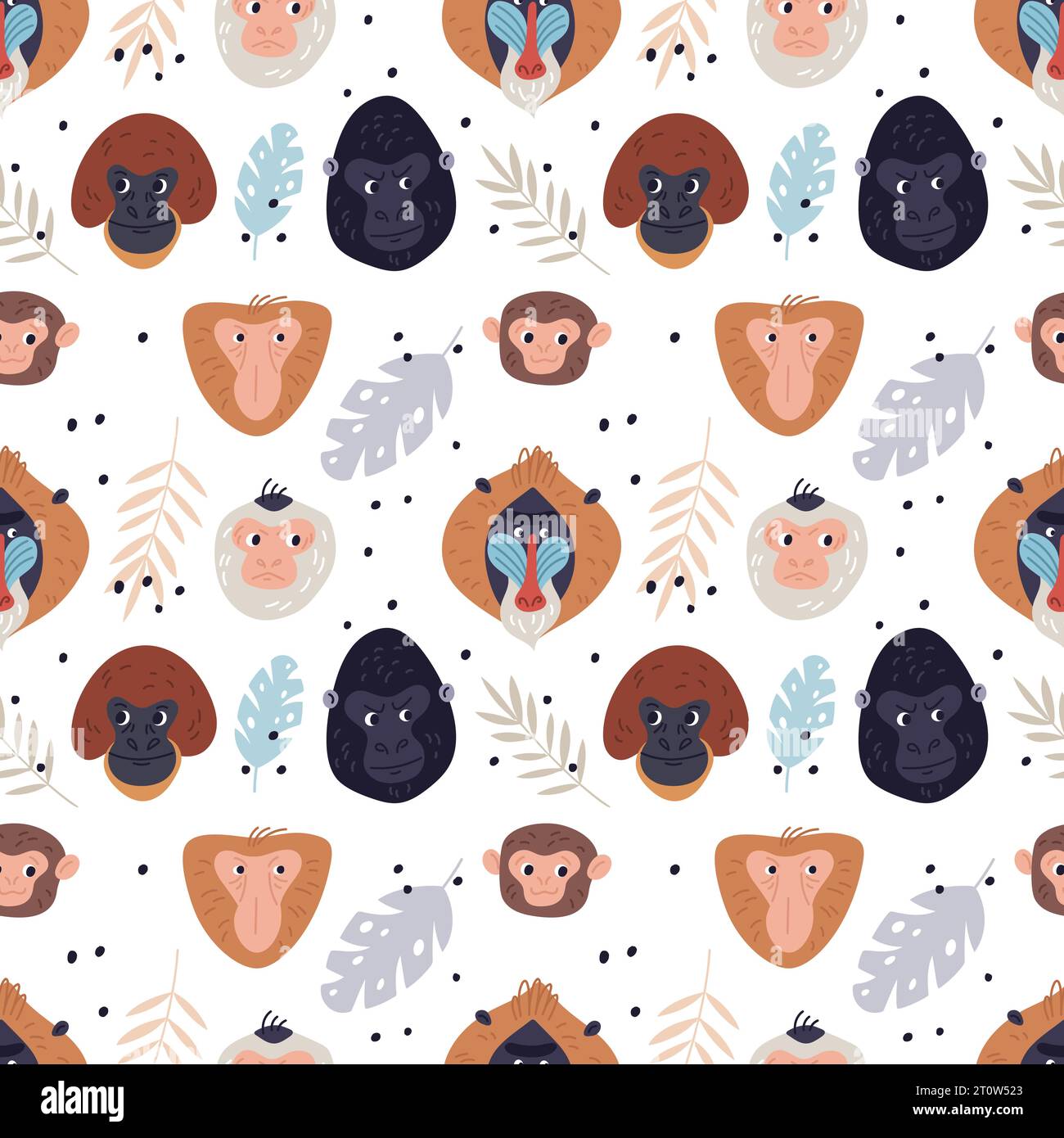 Motif sans couture de singes de dessin animé. Portraits de primates exotiques avec feuilles de plantes tropicales. Animaux de races différentes. Gorille et chimpanzé. Singe drôle Illustration de Vecteur