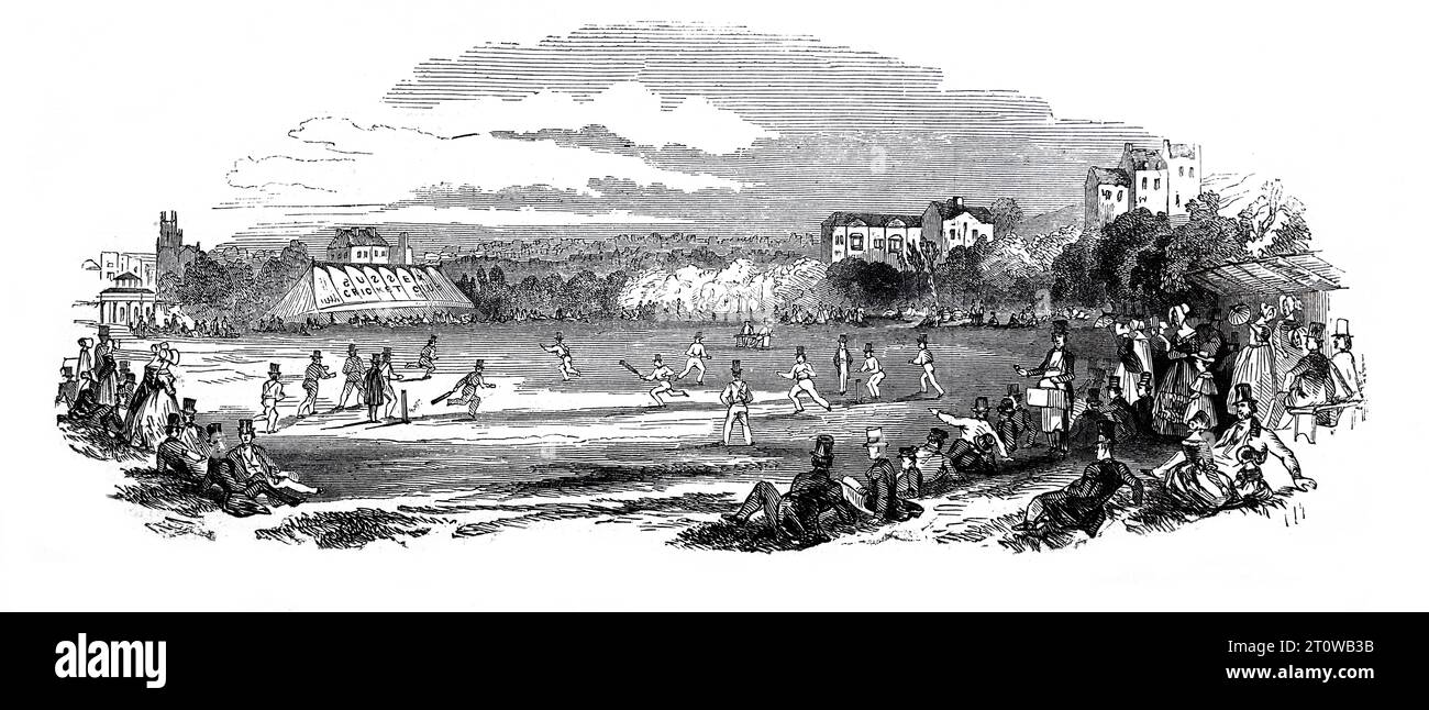 1844 août : Grand Cricket Match à Brighton entre le Sussex et le Marylebone Cricket Club. Illustration en noir et blanc du London Illustrated News ; 24 août 1844. Banque D'Images