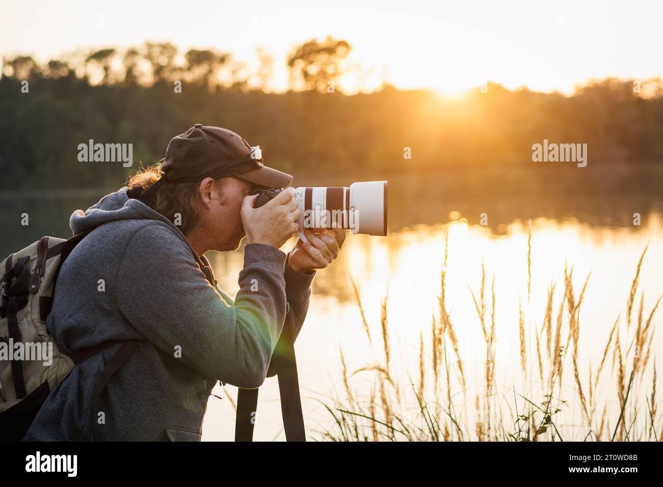 Photographe animalier avec appareil photo photographiant la nature sur le lac au coucher du soleil. L'homme prend des photos en plein air Banque D'Images