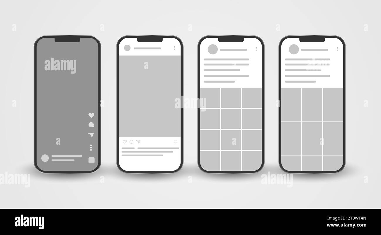 Maquette de smartphone avec interface de carrousel sur le réseau social. Modèle de page d'application mobile sur les réseaux sociaux. Conception du profil de bande. Vecteur Illustration de Vecteur