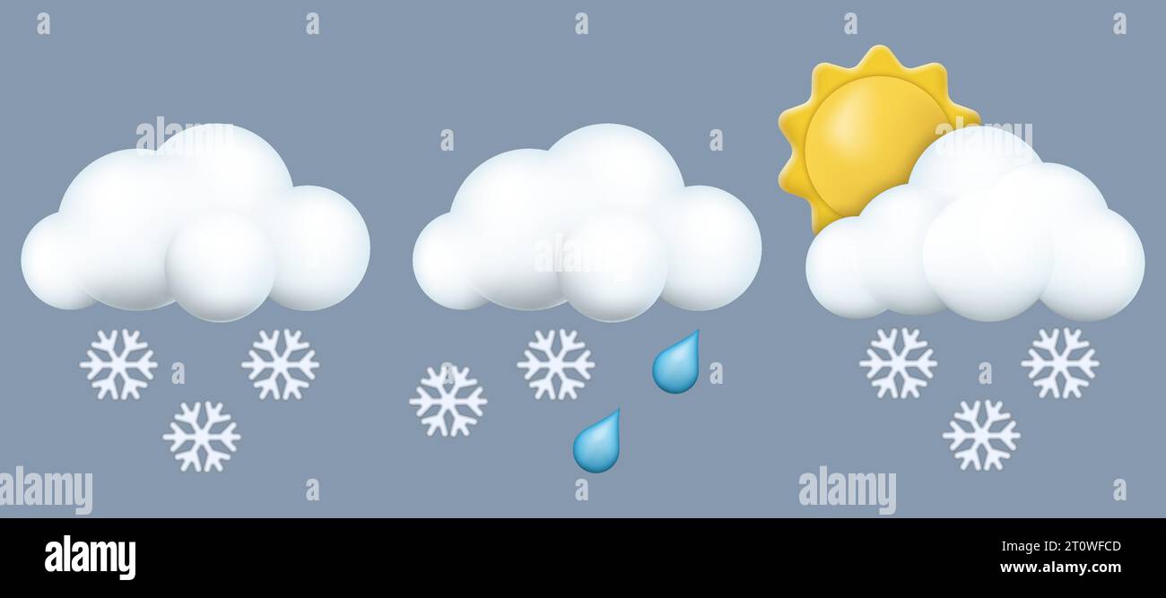 Mignon icônes météo de dessin animé 3d ensemble. Nuage, pluie, neige, soleil. Illustration vectorielle EPS 10 Illustration de Vecteur