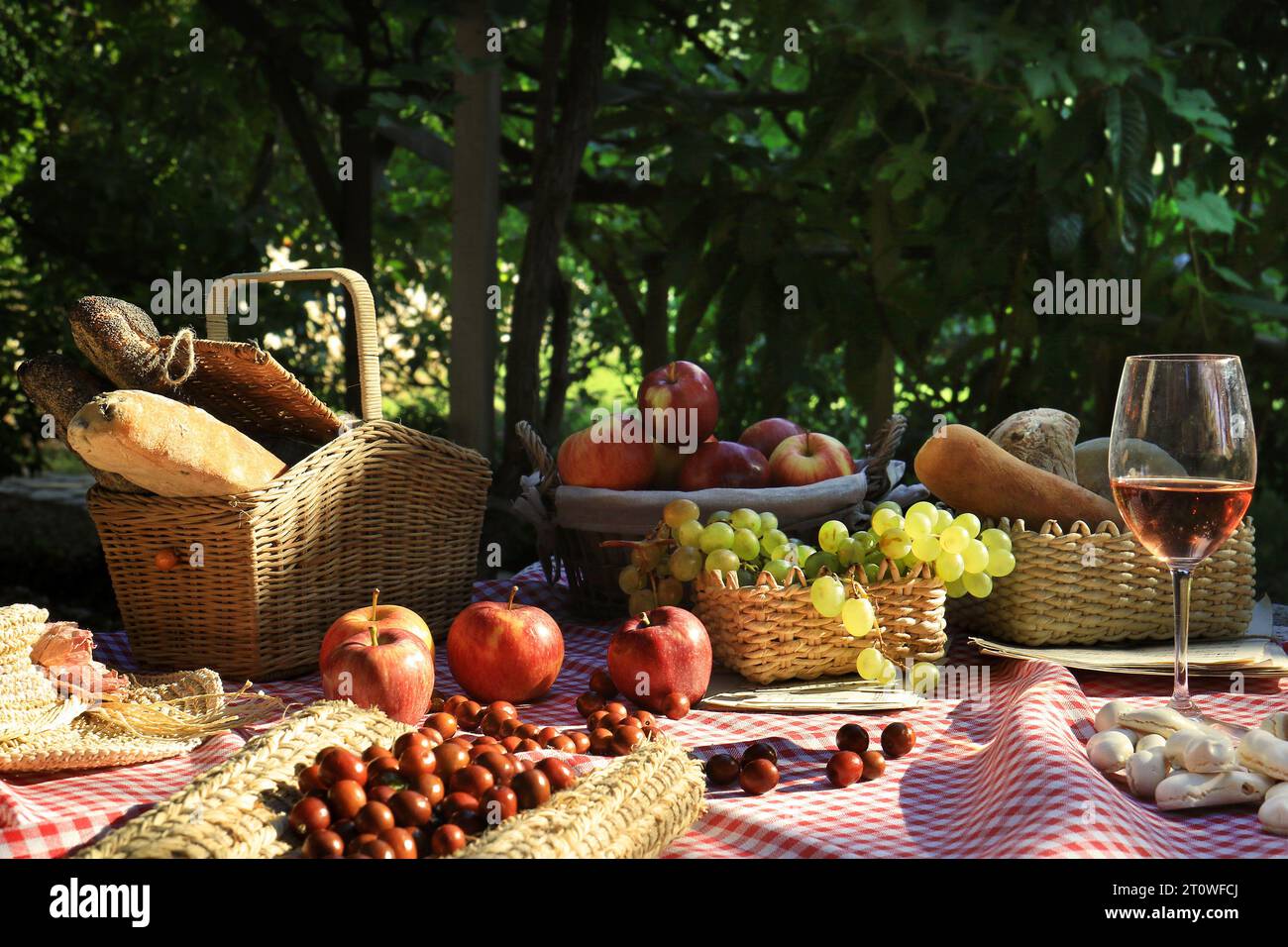 Un pique-nique au soleil avec pain, pommes, vin, raisins et jujube. Banque D'Images