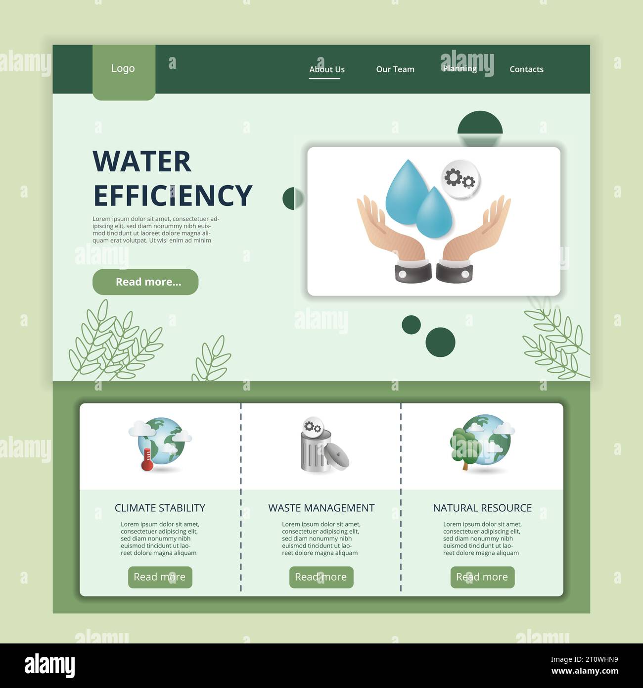 Modèle de site Web de page de destination plate d'efficacité de l'eau. Stabilité climatique, gestion des déchets, ressources naturelles. Bannière Web avec en-tête, contenu et pied de page Illustration de Vecteur