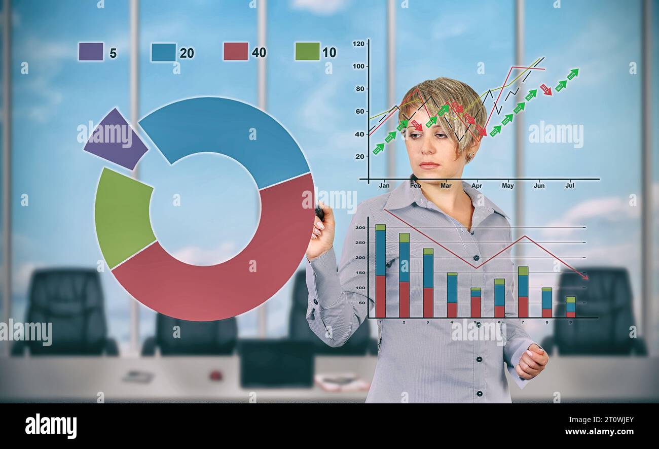 Femme d'affaires dessinant l'interface de graphique de stock sur l'écran virtuel dans le bureau. Concept de statistiques commerciales et financières. Gros plan Banque D'Images