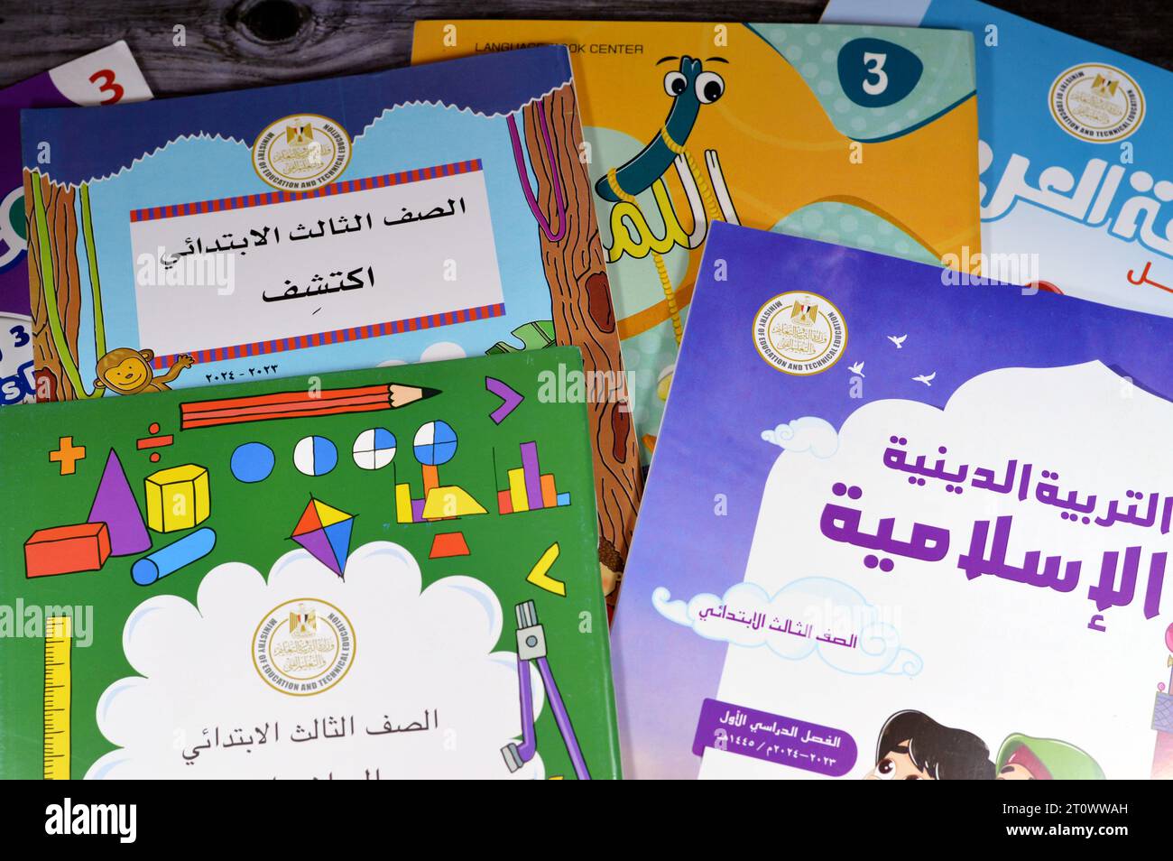 Le Caire, Egypte, septembre 28 2023 : Collection de divers manuels, livres éducatifs utilisés par les écoliers égyptiens, apprentissage, enseignement, éducation Banque D'Images