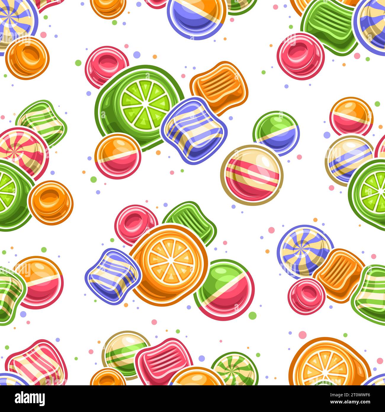 Vector Candy Seamless Pattern, répétition de fond avec des illustrations de différents bonbons aux fruits colorés et gommes à bulles pour le linge de lit ou l'emballage pour enfants Illustration de Vecteur