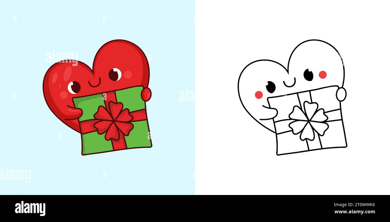 Définir Clipart Christmas Heart Coloriage page et Illustration colorée. Kawaii Xmas Heart. Illustration de Vecteur
