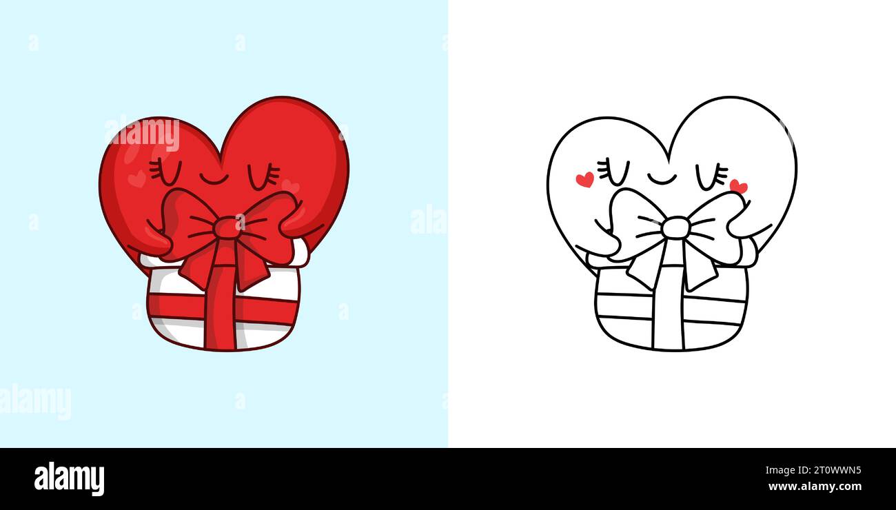 Définir Clipart Christmas Heart Coloriage page et Illustration colorée. Kawaii Xmas Heart. Illustration de Vecteur