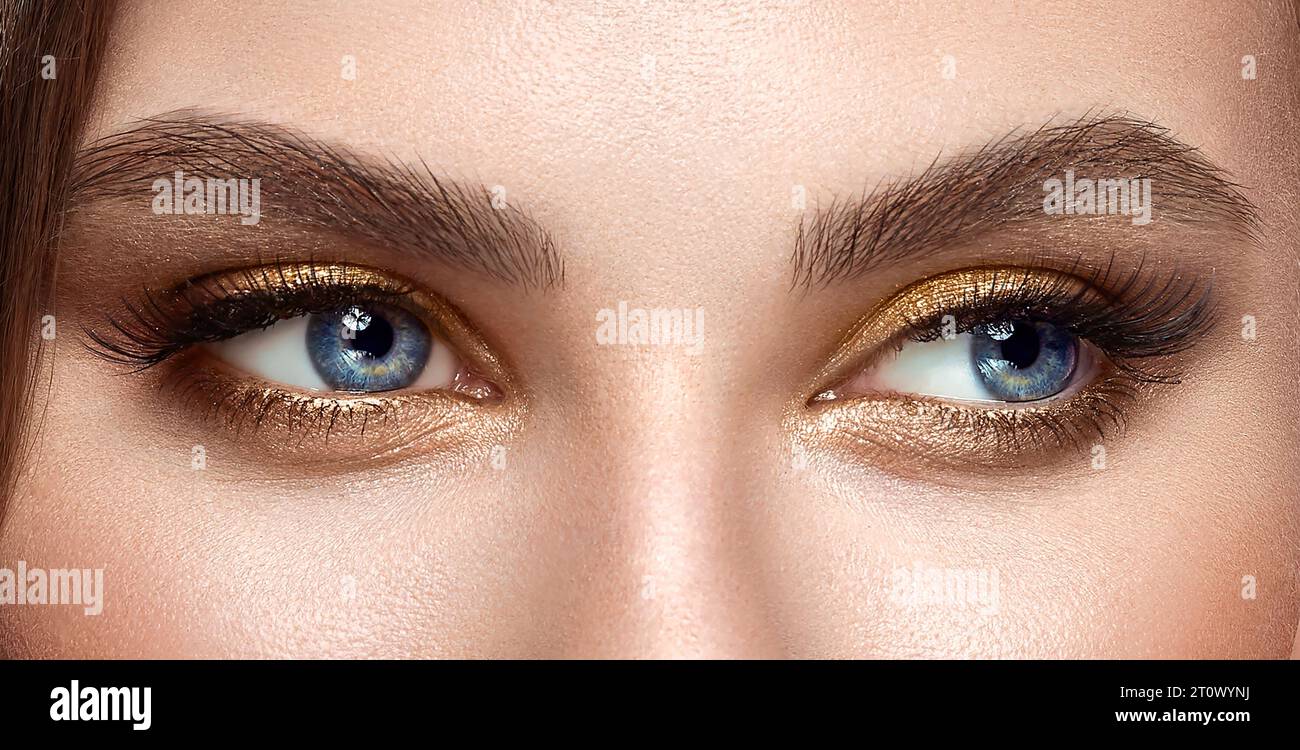 Beaux yeux de femme avec de longs cils. Extensions de cils. Maquillage, cosmétiques, beauté. Gros plan, macro Banque D'Images