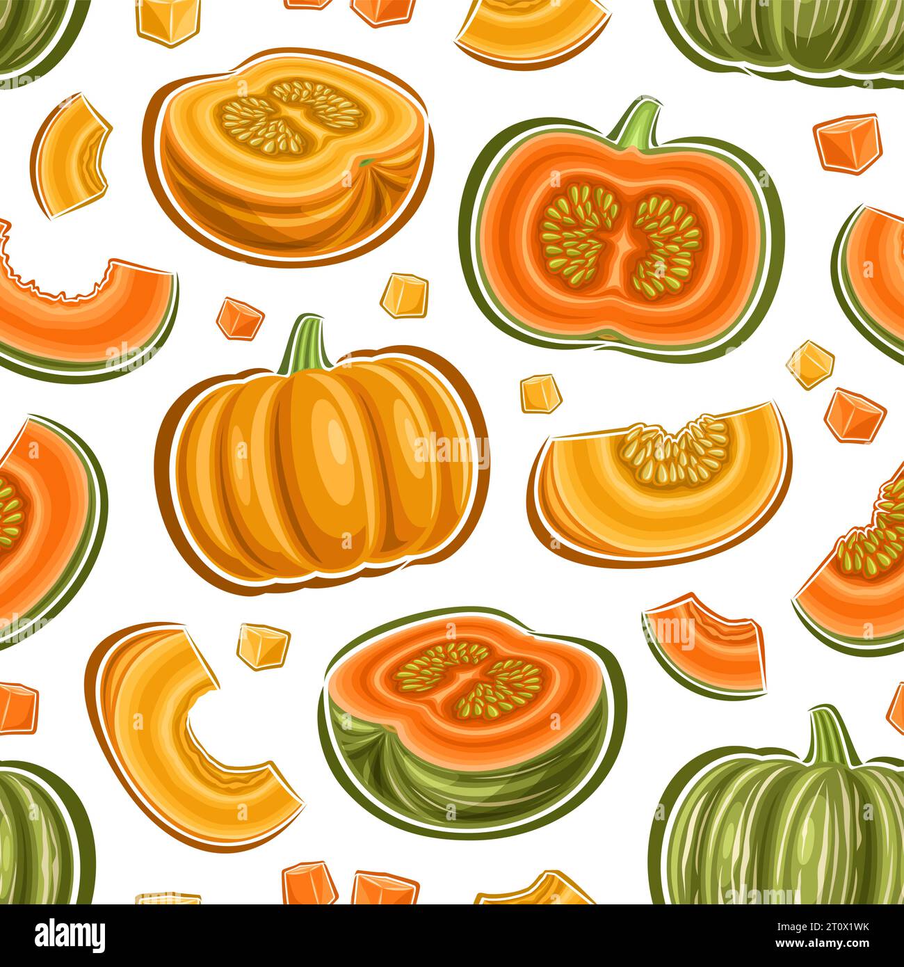 Vector Pumpkin Seamless Pattern, répéter l'arrière-plan avec des illustrations de citrouille entière jaune et kabocha haché mûr pour le papier d'emballage, poteau carré Illustration de Vecteur