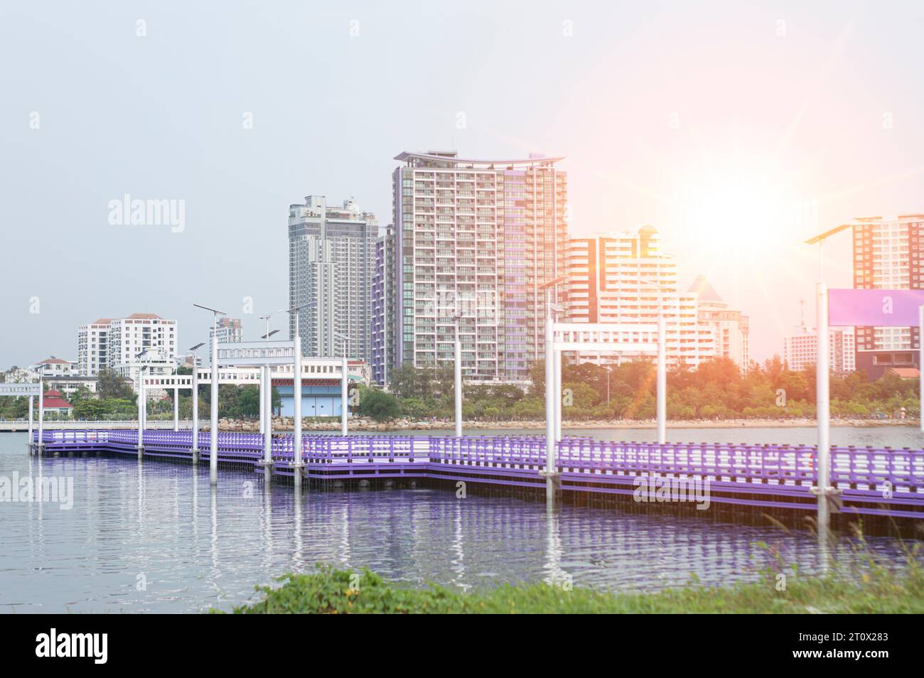 Pont violet et blanc construit dans l'eau dans le parc Banque D'Images