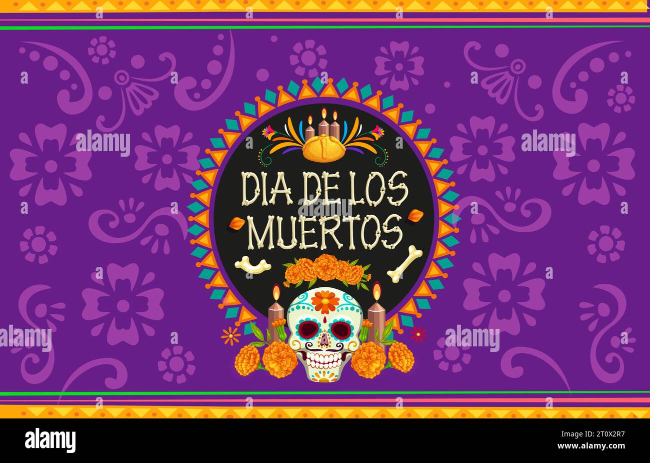 Jour de la Dead Dia de Los Muertos bannière de vacances mexicaine avec crâne vecteur et soucis. Offres d'autel d'Halloween au Mexique dans un cadre à motif ethnique. Crâne de sucre de dessin animé, fleurs, bougies et pain Illustration de Vecteur