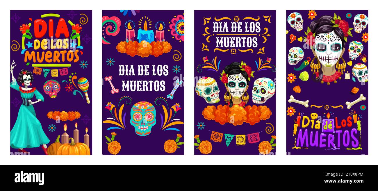 Mexico Day of the Dead Dia de Los Muertos bannières de vacances, Mexique Halloween calavera crânes caractères vectoriels. Crânes en sucre de dessins animés, fleurs de souci, bougies d'autel et drapeaux en papier picado découpés en papel Illustration de Vecteur